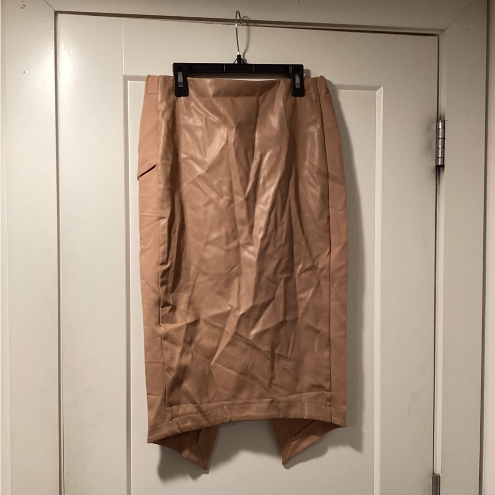 NWT Gracia Size L Camel Front Faux Leather Panel Asymmetrical Pencil‎ Skirt